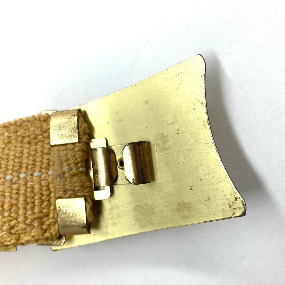 Vintage 80s Gold Metallic Fish Scale Belt Stretch Disco Glam Flower Buckle Large